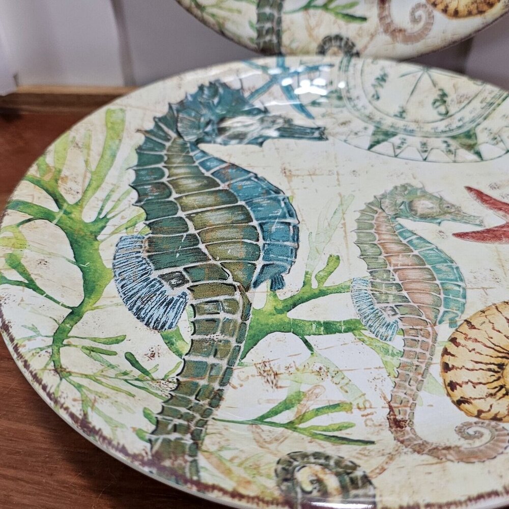 Pier 1 Spikey The Seahorse Melamine Plates 9in set-4 sea life shells unbreakabl - Picture 6 of 12